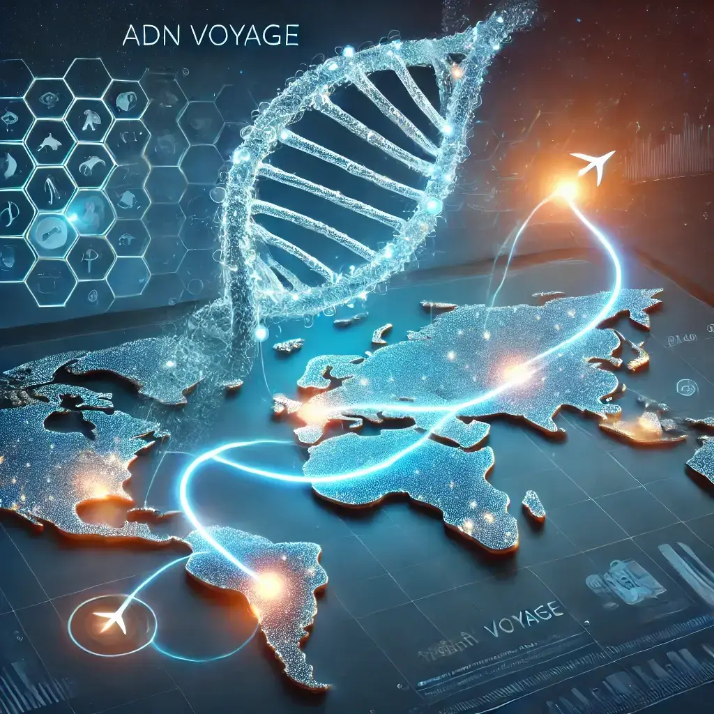 La Généalogie et le NoCode et IA – Illustration ADN Voyage avec carte du monde, pour explorer l'origine de ses ancêtres.